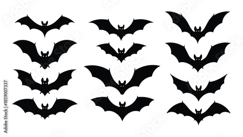 A collection of silhouetted bats in various flying poses against a white background
