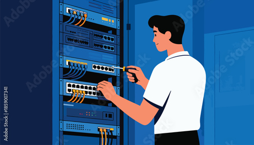 Technician working on server rack with screwdriver