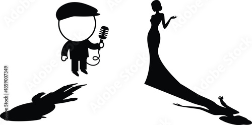 Singer holding microphone silhouette icon, elegant woman dress shadow, music performance concept, stage show illustration, vector art black white design