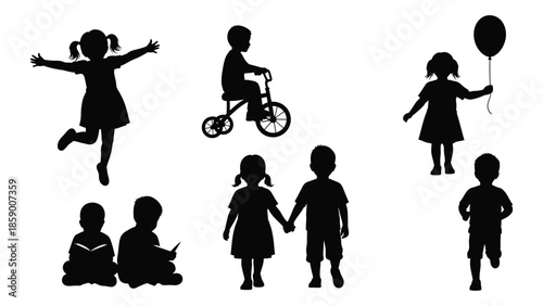 Black silhouettes of children playing including a bicycle jumping and holding hands