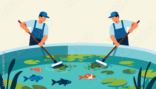 Two men in overalls cleaning a pond with brushes, fish swim