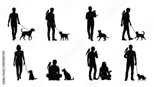 Silhouettes of people walking their dogs showcasing various poses and companionship