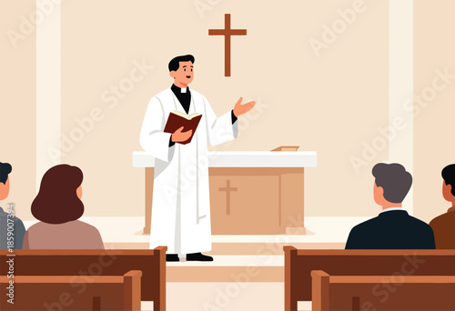 Clergy member leads service from altar with attendees in pews