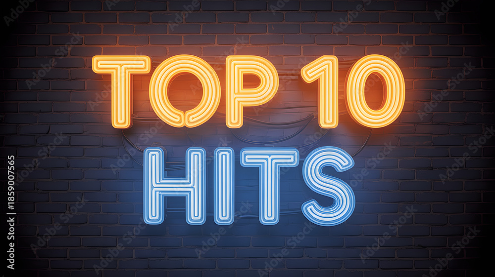 Obraz premium Vibrant neon sign on brick wall with top 10 hits