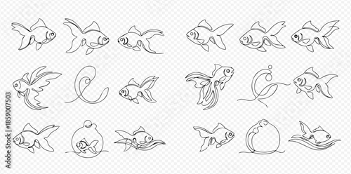Set of continuous line art drawings featuring various goldfish designs, showcasing aquatic life in a simple, elegant style.
