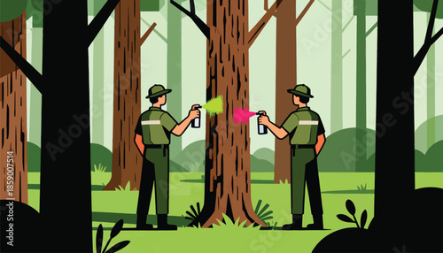 Two people in uniform spray paint onto trees in a forest