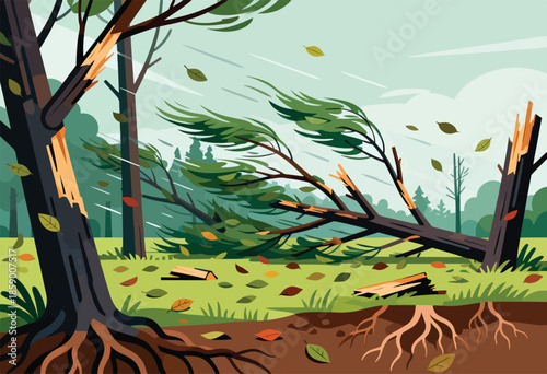 Forest under a gale, with broken trees, falling leaves, and exposed roots