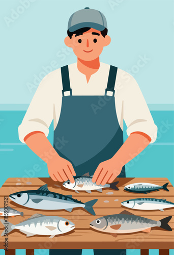 Man wearing cap and apron handling fresh fish on a wooden table