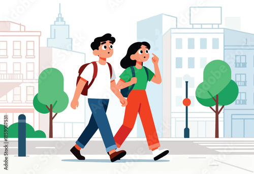Two young individuals with backpacks walk by city buildings, trees, and a street