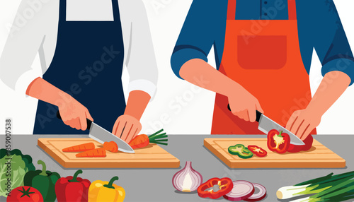 Two people in aprons chop fresh vegetables on cutting boards