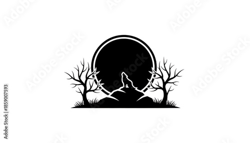 Wolf Silhouette Howling on Hill Under Full Moon with Bare Trees