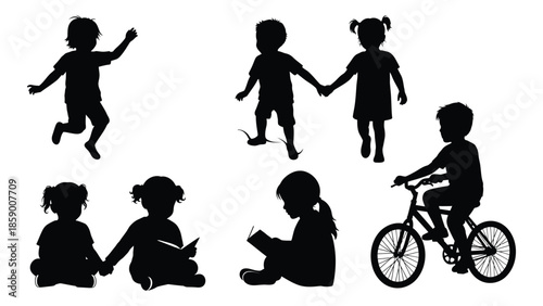 Silhouettes of children playing reading and riding a bicycle in a park scene