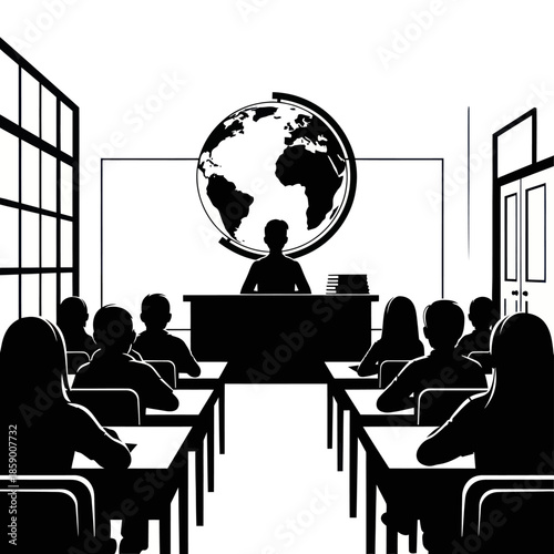 Classroom scene with students and teacher in silhouette, globe in background.