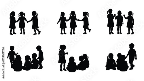 Silhouettes of children holding hands and playing together in a group setting