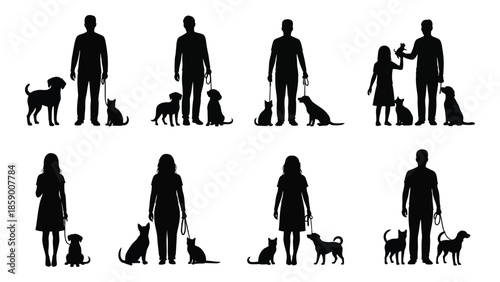 Silhouettes of people with their pets dogs and cats showcasing companionship