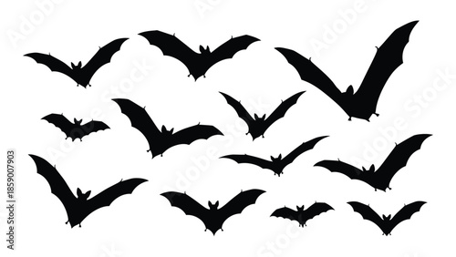 A collection of black bat silhouettes arranged in a dynamic somewhat chaotic pattern