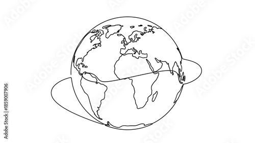 A continuous line drawing of planet Earth with a curved line encircling it, representing global connection or travel.