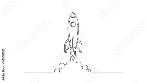 A simple line drawing of a rocket launching into space with smoke billowing from its base.