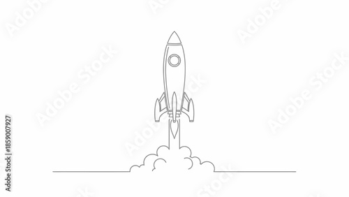 A minimalist line drawing of a rocket launching upwards with smoke billowing from its base.