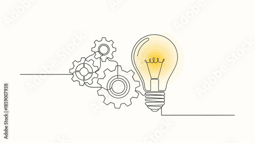 A minimalist illustration depicting a glowing light bulb connected to a series of interlocking gears, symbolizing innovation and mechanical processes.