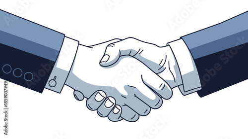 Two businessmen in suits shaking hands firmly, symbolizing agreement and partnership in a professional setting.