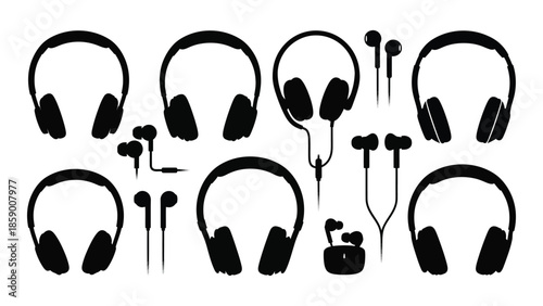 Various styles of black headphones and earphones in a simple graphic illustration