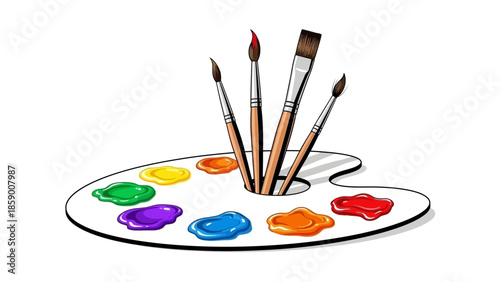 An artist's palette with various colors of paint and brushes, ready for creative work.