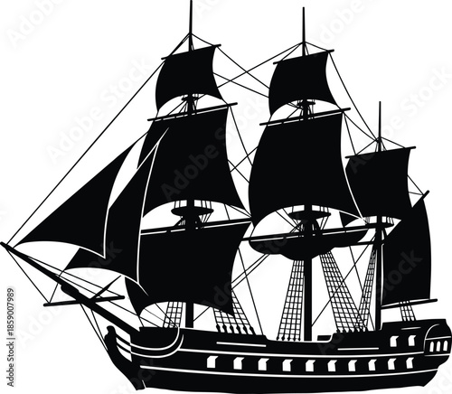 Vintage sailing ship silhouette, historic tall ship galleon with full sails isolated on white background vector illustration maritime nautical design