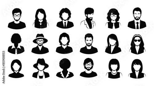Collection of diverse black silhouette icons depicting people with varying hairstyles and attire