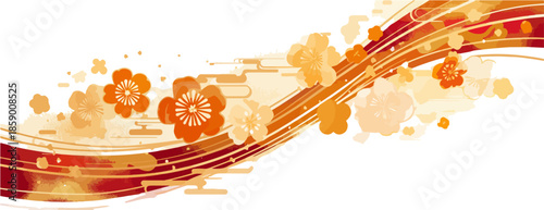 따뜻한 색감의 꽃과 추상적인 물결 라인이 어우러진 동양적인 배경 디자인
