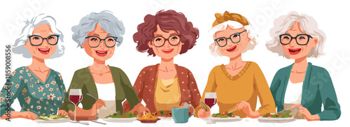 다섯 명의 노년 여성들이 식탁에 둘러앉아 웃으며 행복한 시간을 보내고 있습니다.