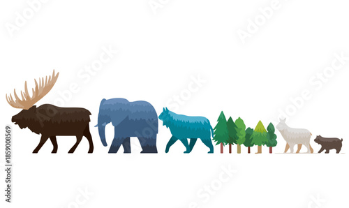 다양한 크기와 종류의 동물, 나무, 숲이 일렬로 늘어서 있는 모습