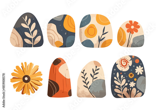 다양한 추상적인 모양과 식물 디자인 요소가 있는 투명한 배경의 일러스트레이션