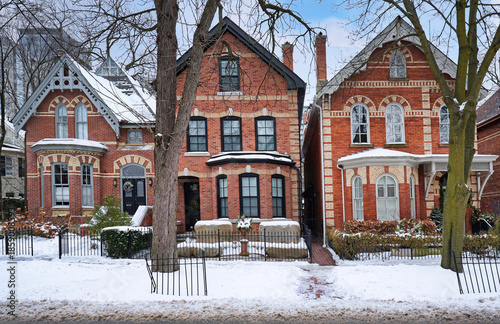 Urban street with well preserved Victorian houses in winter