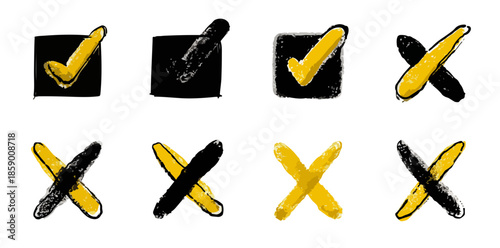 체크 표시와 엑스 표시가 있는 손으로 그린 아이콘 세트, 긍정 및 부정 선택, 투명한 배경