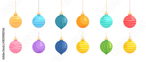 다양한 색상과 패턴의 크리스마스 장식 오브제가 투명한 배경에 매달려 있습니다.