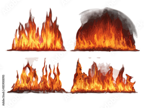 다양한 형태의 불꽃 일러스트 모음, 투명한 배경에 배치되어 활용도가 높습니다.