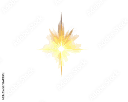 하얀 배경에 빛나는 노란색 별 모양의 투명한 광선 효과