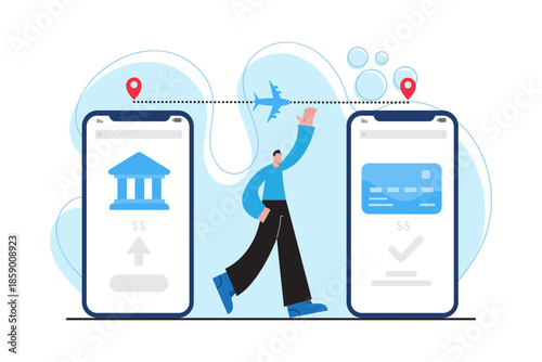 Modern flat illustration of international money transfer using mobile banking showing global payment route secure digital transaction and fintech financial technology concept