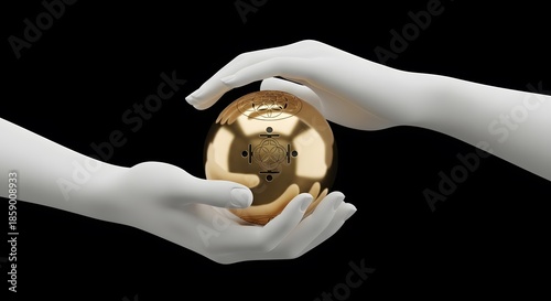 Stylized White Hands Holding a Golden Sphere Adorned with Intricate Sacred Geometry on a Black Background, 3D Render