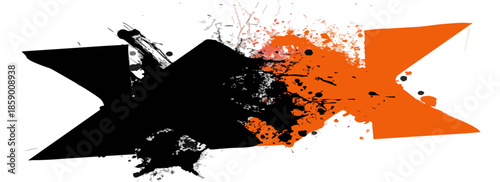 검은색과 주황색 잉크 얼룩이 튀는 추상적인 디자인 요소, 투명한 배경에 역동적인 효과