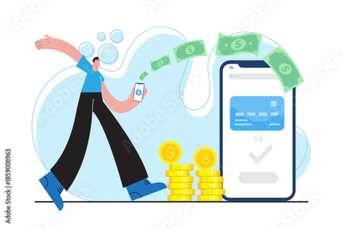 Modern flat illustration of mobile payment using smartphone showing digital banking app cash flow and successful online transaction concept for fintech and electronic payment systems