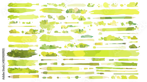 다양한 녹색 톤의 투명한 수채화 브러시 스트로크와 추상적인 질감 요소들의 모음