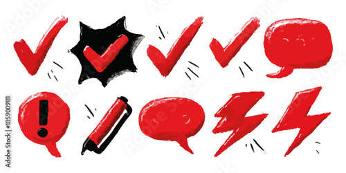 다양한 빨간색 아이콘 세트: 체크 표시, 말풍선, 경고 기호, 번개 볼트