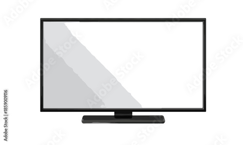 흰색 배경에 놓인 현대적인 평면 TV 화면, 투명한 디스플레이와 검은색 프레임이 특징입니다.