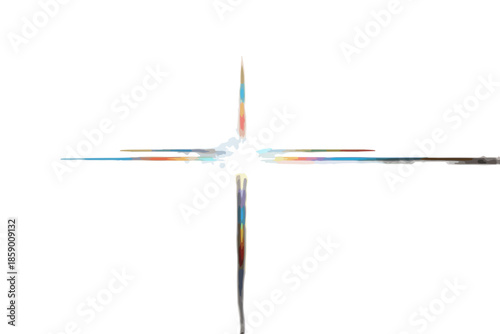 밝고 다채로운 빛줄기가 사방으로 뻗어나가는 투명한 별 모양의 추상적인 빛 효과