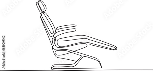 A continuous line art drawing of an adjustable medical examination chair or dental chair.