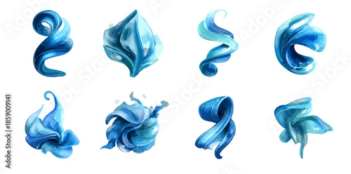 다양한 형태의 푸른색 액체 또는 연기 흐름의 추상적인 일러스트 세트