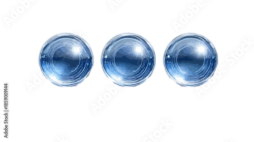 흰색 배경에 놓인 세 개의 투명한 파란색 구슬이 빛나는 모습