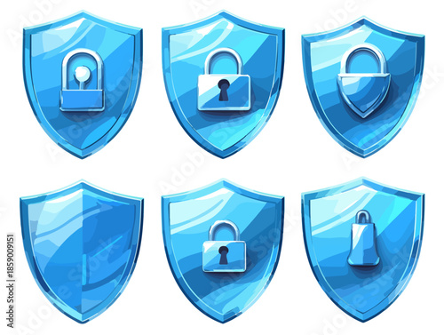 다양한 보안 아이콘이 포함된 투명한 파란색 방패 일러스트 세트